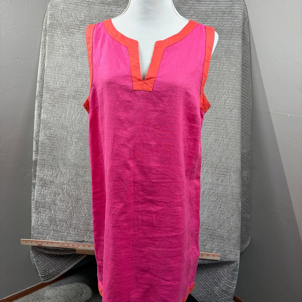 Sigrid Olsen Pink Linen Sleeveless Tunic Top Orange Trim Split V-Neck Large